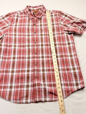 Timberland PRO Men's Red and Brown Plaid Short-Sleeve Button-Up Shirt